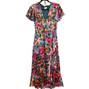 Nicole Miller New York Floral Maxi Dress Flutter Sleeve V Neck Women's‎ M